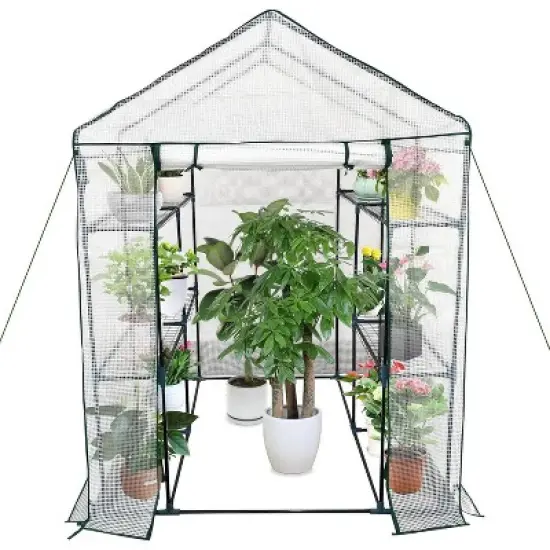 Acekool Walk-in Greenhouse with Roll-Up Zipper Door, 57 x 57 x 76 Inch Portable Indoor Outdoor Greenhouse, 3-Tier 6 Shelves for Garden Patio Backyard image {7}