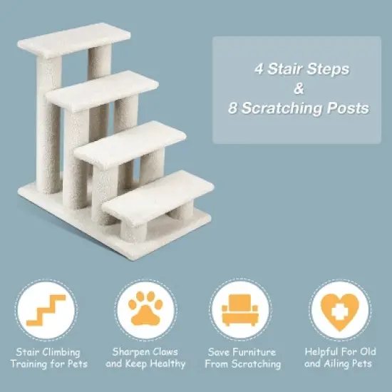 24''4-Step Pet Stairs Carpeted Ladder Ramp 8 Scratching Post Cat Tree Climber image {6}