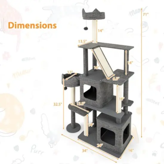 Costway 71&rdquo; Tall Cat Tree Multi-Level Large Cat Tower w/ Scratching Posts for Indoor Adult Cats & Kittens image {1}