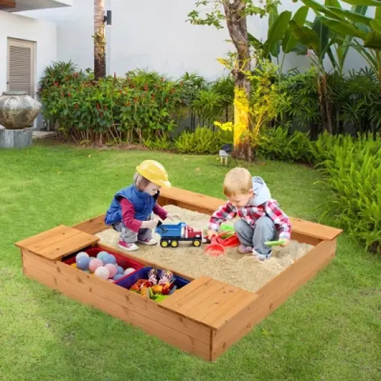 Costway Kids Wooden Sandbox w/ Bench Seats & Storage Boxes  Children Outdoor Playset image {2}