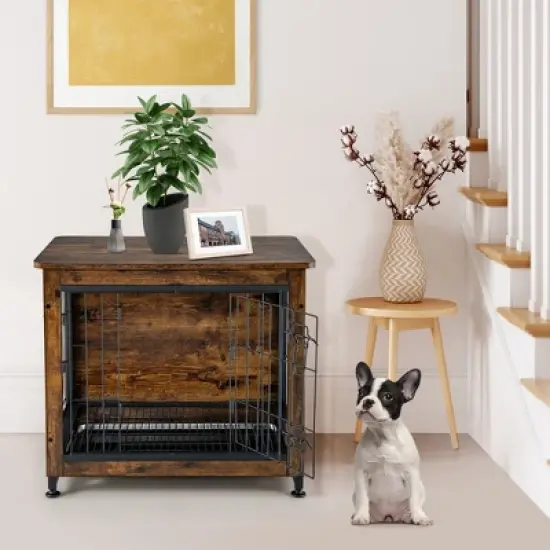 Tangkula Wooden Dog Crate Furniture with Tray Double Door Dog Kennels End Table image {2}