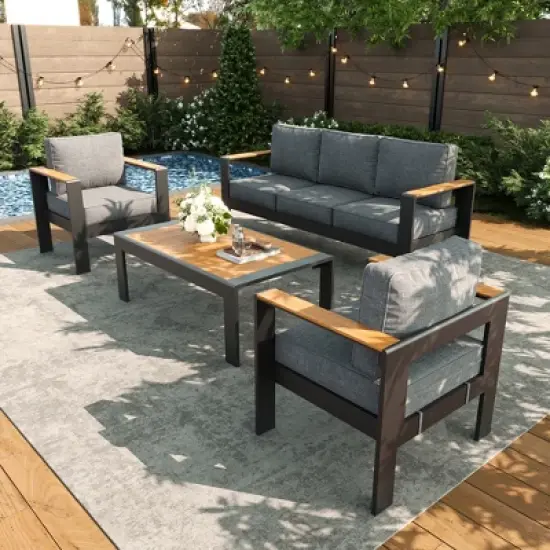 LayinSun 4 Pieces Aluminum Outdoor Patio Furniture Set with Coffee Table, Outside Metal Patio Conversation Sets with Deep Seating and Thick Cushions image {8}