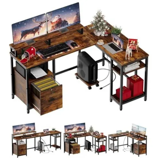 67&rdquo; L Shaped Computer Desk with Power Outlet image {8}
