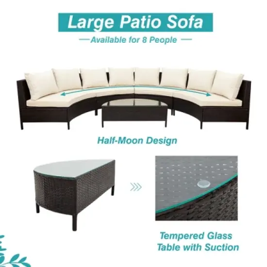 5-Piece Outdoor Rattan Half-Moon Sectional Sofa Set with Tempered Glass Coffee Table image {2}