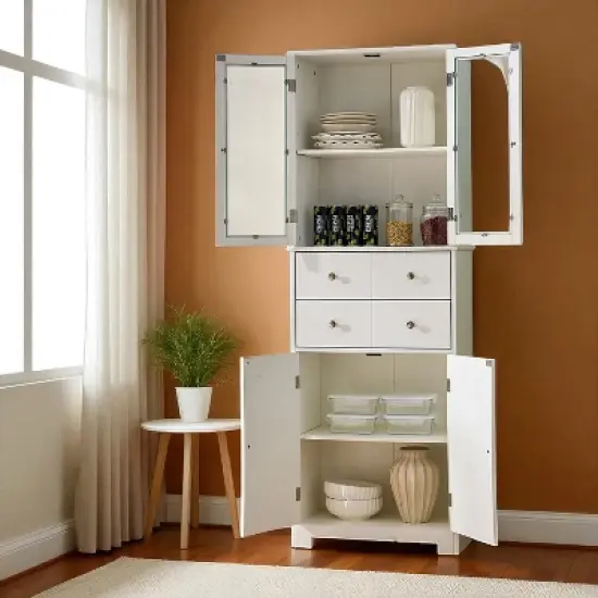 67" Tall Kitchen Pantry Cabinet with Glass Doors, Shelves and Drawer, Large Freestanding Food Storage Cupboard for Kitchen Bathroom Craft Room image {5}