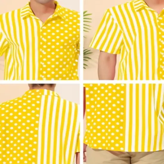 Lars Amadeus Men's Summer Stripe Polka Dots Short Sleeves Button Patchwork Hawaiian Shirt image {5}