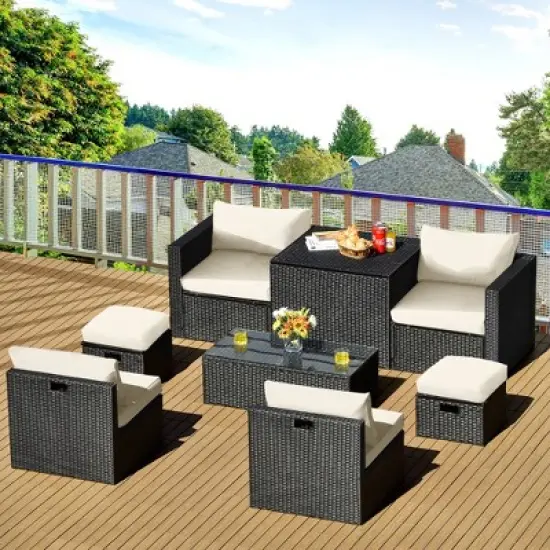 Costway 8PCS Patio Rattan Furniture Set Storage Table Ottoman cover image {1}