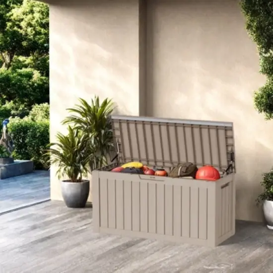 DSVIMOY Deck Boxes, 2-Piece 80 Gal Outdoor Storage Deck Box, Small Patio Storage Bin for Garden Tools, Brown, 46.26"*18.7"*23.23" image {1}