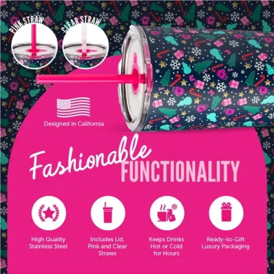 Barbie x Dragon Glassware 24 oz Vacuum Insulated Tumbler with Lid and Straws Christmas image {2}