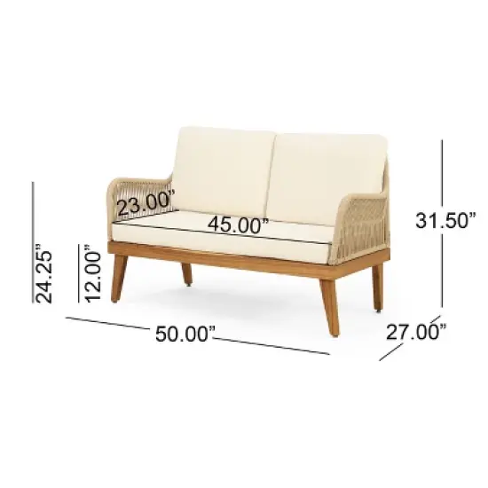 GDFStudio Hueber Outdoor Acacia Wood and Rope 4 Seater Chat Set with Cushions, Teak, Light Brown, and Beige image {2}