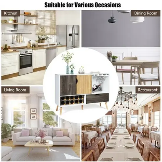 Costway Mid-Century Buffet Sideboard Wooden Storage Cabinet w/ Wine Rack & Glass Holder image {5}