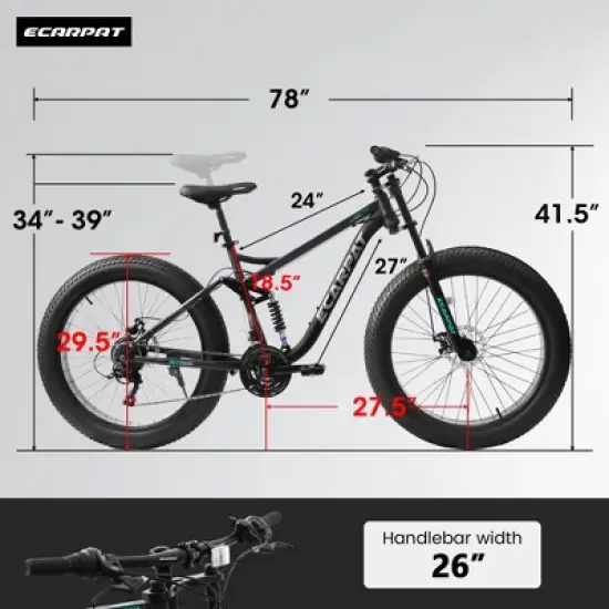 YONWAY 26 inch Mountain Bike,Full-Suspension 21 Speeds Drivetrain with Disc-Brake MTB Bicycle, 26*4" Fat tire Bike for Men image {2}