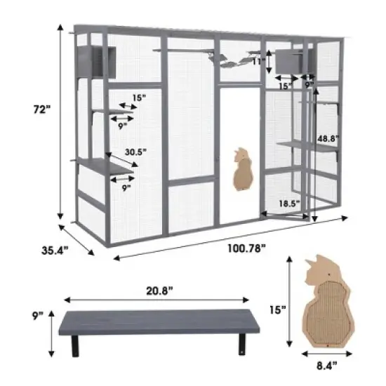 Sevobal Pet Crates and Houses Cat Enclosure boasting, 6 Leaping Platforms, 2 Feline Condos, a Catwalk, and a Scratching Panel, Gray, 100.78"*35.4"*72" image {3}