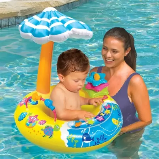Banzai Discovery Splash Inflatable Infant Pool Float Seat with Umbrella and 3 Developmental Activities for Kids Ages 9 to 24 Months image {1}