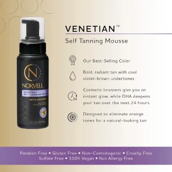 Norvell Venetian Self-Tanning Mousse with Bronzer (8 oz) Instant Self Tanning with cool-violet undertones for a natural tan. Anti-Orange Technology. image {2}