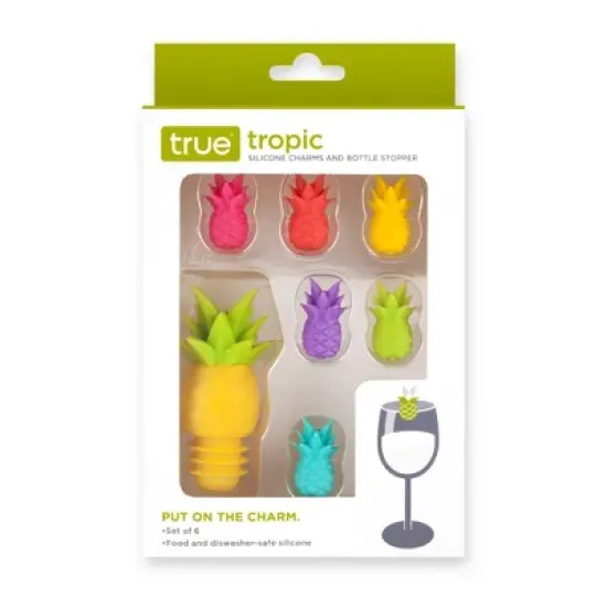 True Pineapple Wine Glass Charms and Drink Markers with Bottle Stopper Set, Silicone, Set of 1 Bottle stopper and 6 Drink Charms, Multi Colored image {3}