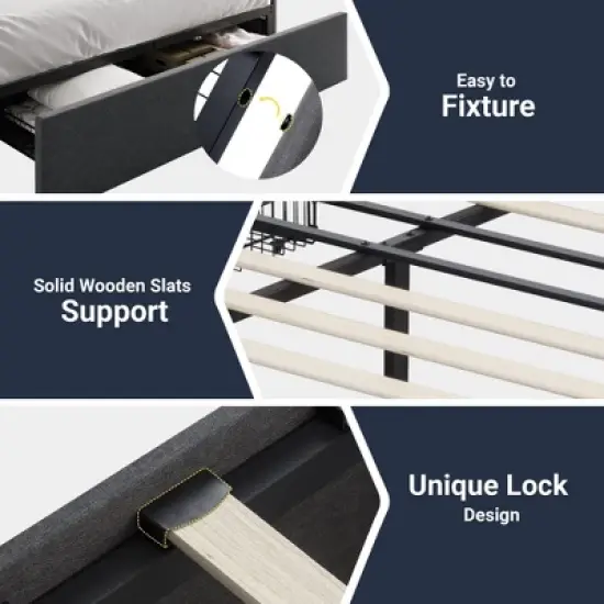 Platform Bed Frame with 3 Storage Drawers, Fabric Upholstered, Wooden Slats Support, No Box Spring Needed, Noise Free, Easy Assembly, Dark Grey image {4}