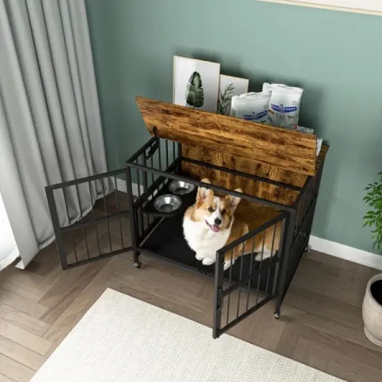Dog Crate Furniture, Dog Crate for Large Medium Dogs, Wooden Dog Kennel End Table, 37.8" Dog Cage Large Dogs with Wheel & with Flip-Top image {6}