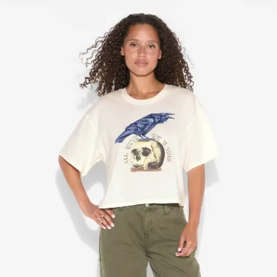 Women's Raven Boxy Cropped Short Sleeve Graphic T-Shirt - Off-White image {1}