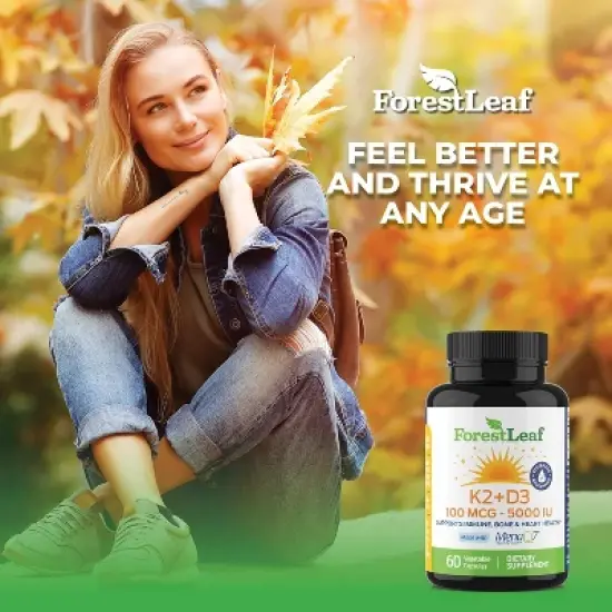 Forest Leaf K2 + D3 100 MCG - 5000 IU Formula, Supports Immune System, Bone & Heart Health - 60 Caps image {7}