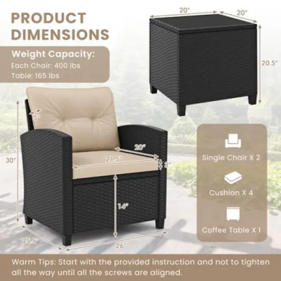 Tangkula 3 Piece Patio Furniture Set Rattan Conversation Set w/Soft Seat & Back Cushions Tempered Glass Topped Coffee Table Beige image {6}