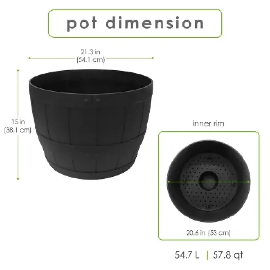 Tierra Verde 2pc Whiskey Barrel Indoor Outdoor Self-Watering Planter Pots Black 23"x15" image {4}