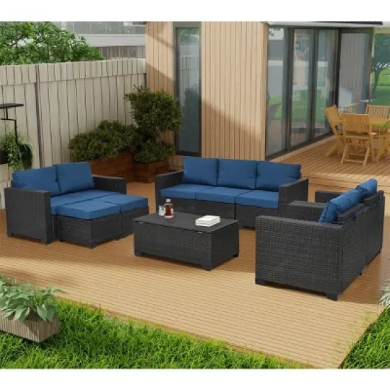 ELJGET 10PCS Outdoor Patio Rattan Furniture Set Cushioned Sectional Sofa Storage Coffee Table Deep Brown Wicker image {12}