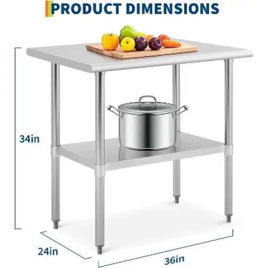Stainless Steel Table for Prep & Work,2-Tier Shelf Commercial Metal Worktable Adjustable Height & Leveling Feet for Restaurant image {1}