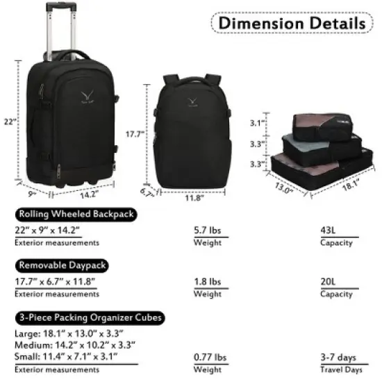 Hynes Eagle 63L Rolling Backpack x 3-Piece Packing Cube Set &ndash; 3-in-1 Travel Luggage with USB Port image {8}