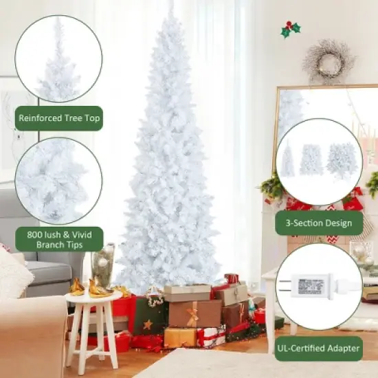Costway 7FT Pre-Lit Hinged Pencil Christmas Tree White w/ 300 LED Lights & 8 Flash Modes image {6}
