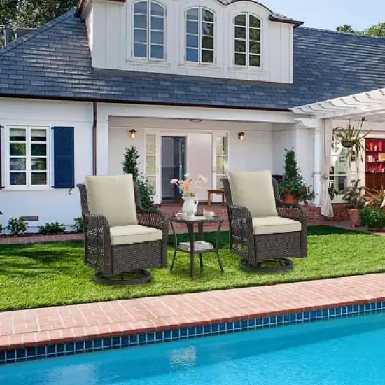 3 Pieces Outdoor Swivel Rocker Chair Set Swivel Glider Rocker Rocking Chair Set with Glass Top Table with Thick Cushions for Backyard, Balcony, Deck image {2}