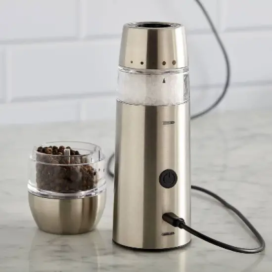 Kamenstein USB Rechargeable Dual Salt and Pepper Grinder: Stainless Steel Seasoning Shakers, Silver, 8.93" Height image {3}