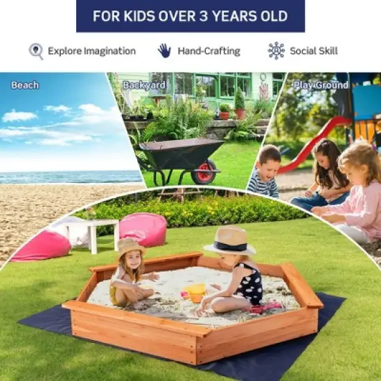 Costway Hexagon Wooden Cedar Sand Box w Seat Boards & Cover & Ground Liner image {6}