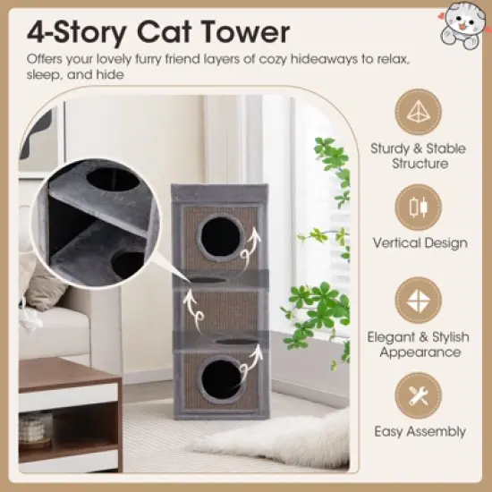 Costway 4-Story Cat House 39'' Cat Condo with Scratching Posts & 4 Soft Plush Cushions Gray/Natural image {5}