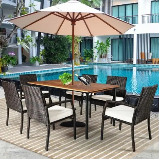 Costway 7PCS Patio Rattan Dining Set Table Top W/Umbrella Hole image {4}