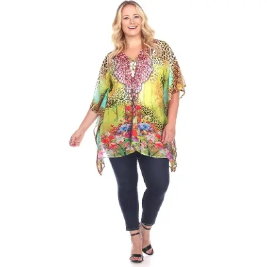 Women's Plus Size Animal Print Caftan with Tie-up Neckline - One Size Fits Most Plus - White Mark image {3}