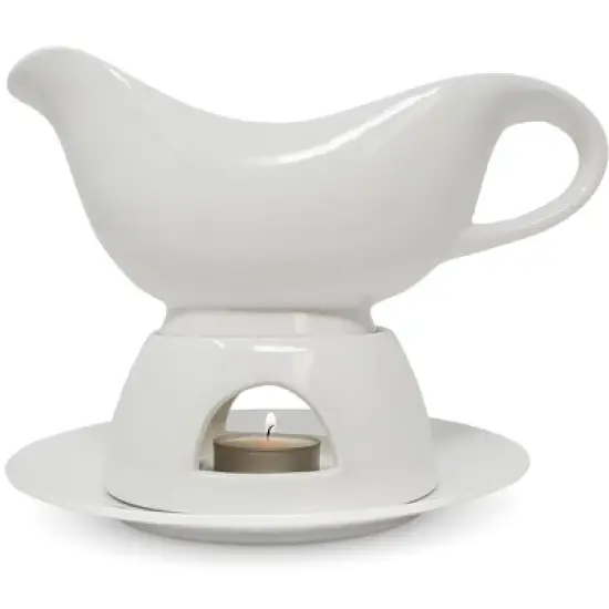 KOVOT 12 Ounce Gravy Boat, Warming Stand & Tray | Ceramic White Gravy Dish With Tealight Warming Option image {2}