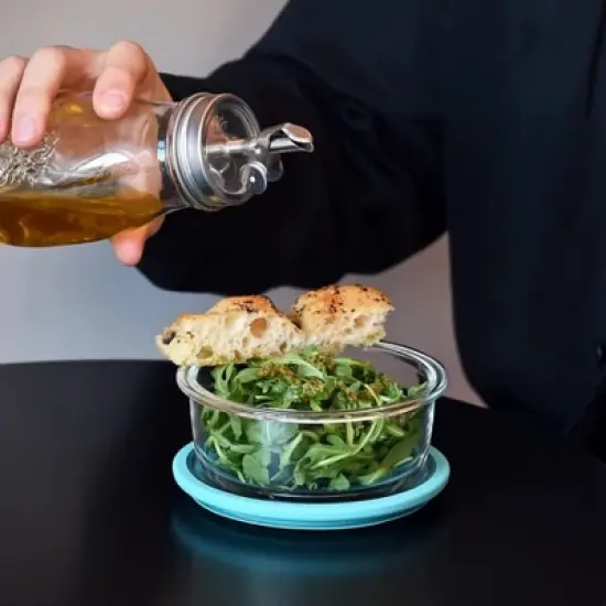 Bormioli Rocco Frigoverre Future 17.25 oz. Round Food Storage Container, Made From Durable Glass, Dishwasher Safe, Made In Italy,Clear/Teal Lid image {4}