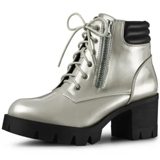 Perphy Women's Platform Lace Up Chunky Heel Ankle Combat Boots image {9}