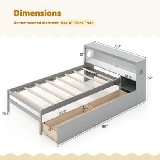 Costway Twin Size Bed Frame with LED Light & Power Outlet Bookcase Headboard Drawers White/Gray image {2}