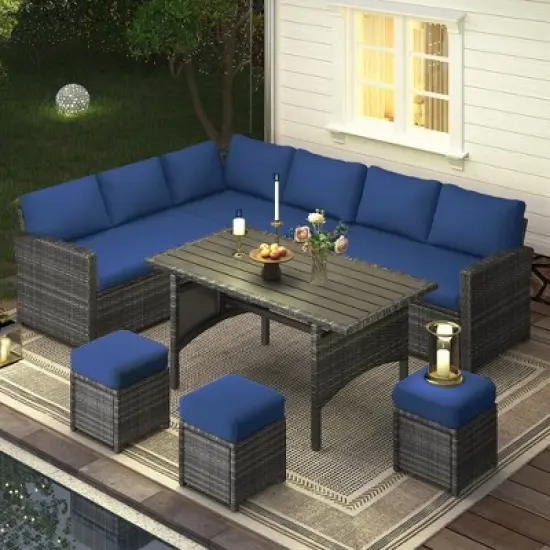 COWLOWN 7 Piece Blue Outdoor Patio Furniture Set, Brown Rattan with Dining Table, 3 Ottomans, Thickened Cushions for Backyard, Deck and Garden image {11}