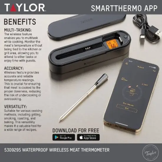 Taylor Bluetooth App Wireless Digital Cooking Kitchen Meat Thermometer: Stainless Steel Probe, Smartphone Controlled,&nbsp;SMARTTHERMO App image {8}