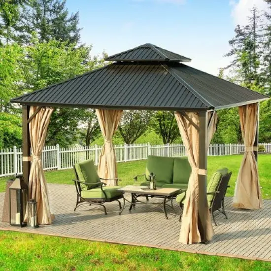 Aoodor 12'x 12' Aluminum Gazebo with Mosquito Netting and Curtain image {2}