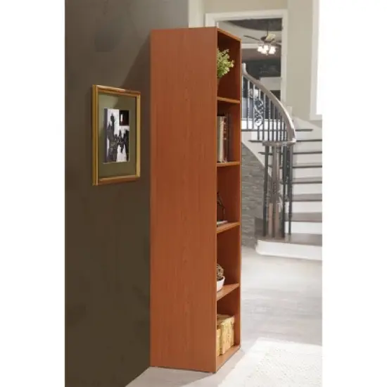 Hodedah Import 12 D x 16 W x 60 H Inch 5 Shelf Bookcase Storage Organizer Solution for Living Room, Bedroom, or Office, Cherry Wood Finish image {3}