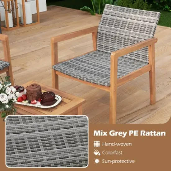 Tangkula 4-Piece Patio Furniture Set PE Rattan Patio Bistro Set with Loveseat Single Chairs & Coffee Table Outdoor Acacia Wood Conversation Set image {3}