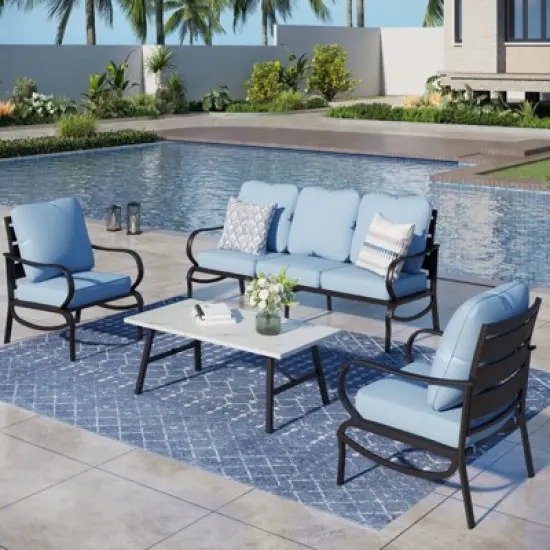 Captiva Designs 4 PCS Metal Patio Furniture Conversation Set with Coffee Table for Garden Porch Backyard image {13}