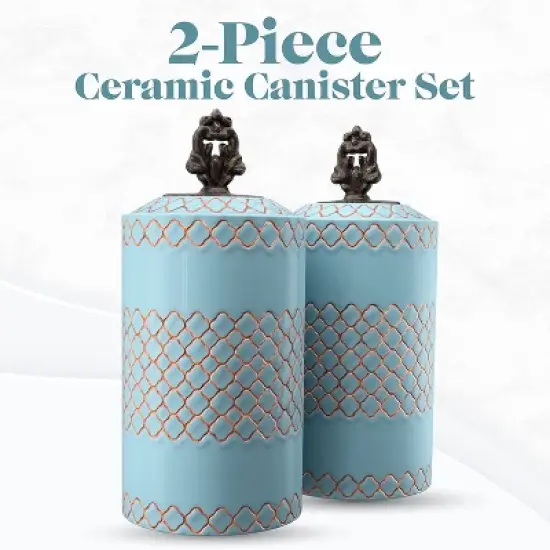 American Atelier 2-Piece Ceramic Canister Jars w/ Engraved Design & Airtight Stainless-Steel Lids For Sugar, Flour, Coffee & More, Blue image {1}