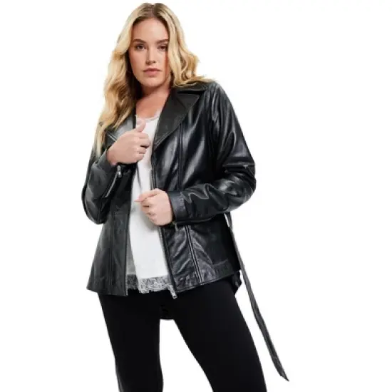 June + Vie by Roaman's Women&rsquo;s Plus Size High-Low Peplum Leather Jacket image {1}