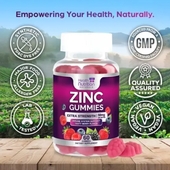 Zinc Supplement 50mg Gummies for Adults - Max Strength Skin Health & Immune Support Gummy, Vegan, Non-GMO & Gluten Free - 60 Gummies image {3}