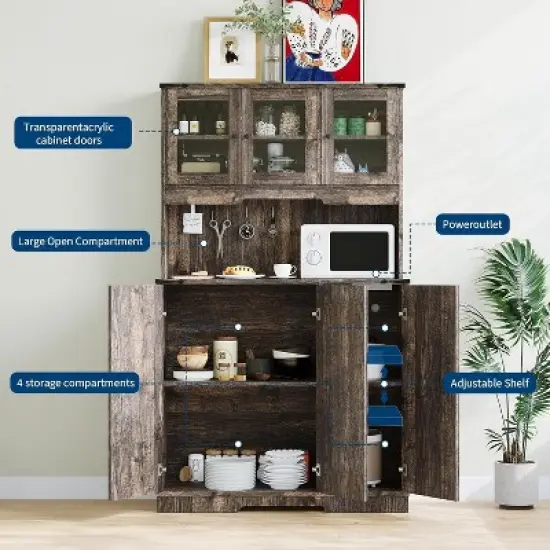 coucheta Farmhouse Pantry Cabinet with Charging Station, Freestanding Kitchen Coffee Bar Cabinet for Kitchen, with Acrylic Doors and Adjustable Shelf image {3}